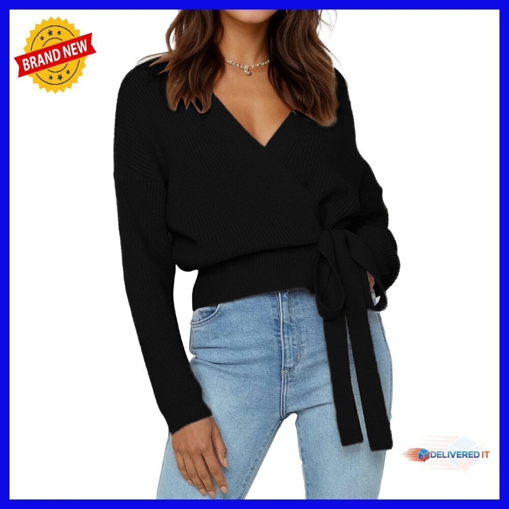 Cropped Ribbed Pullover V-Neck Wrap Sweater Side Tie Long Sleeve